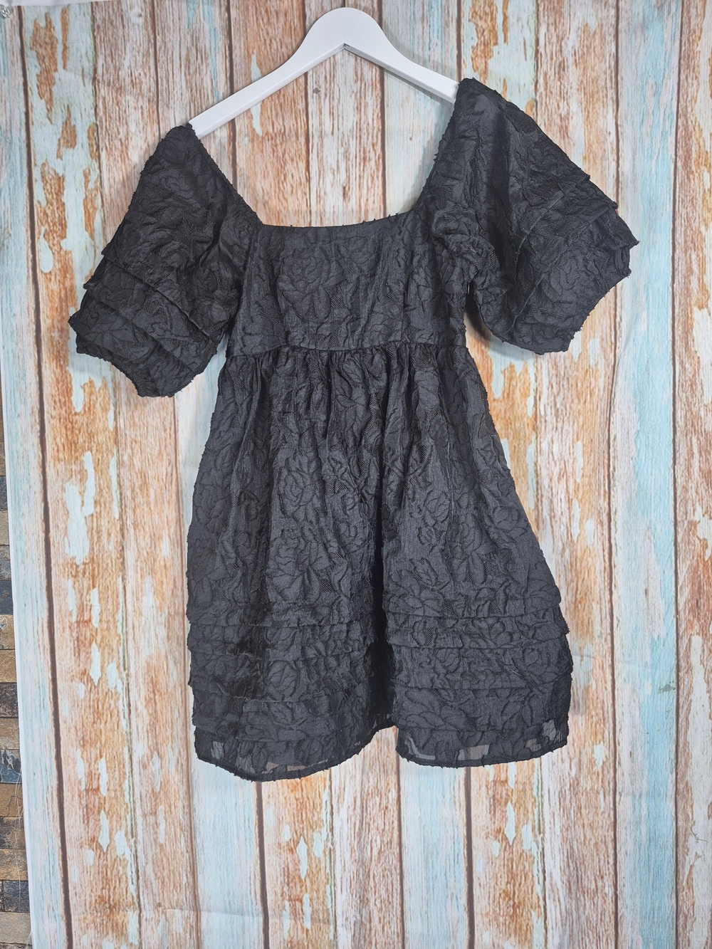 Altar'd State Black Textured Puff-Sleeve Mini Dress Size Xs